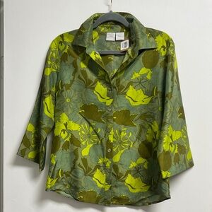Mary Jane Green Neon and Olive Brown Silk Floral Button Down 3/4 TabSleeve Shirt